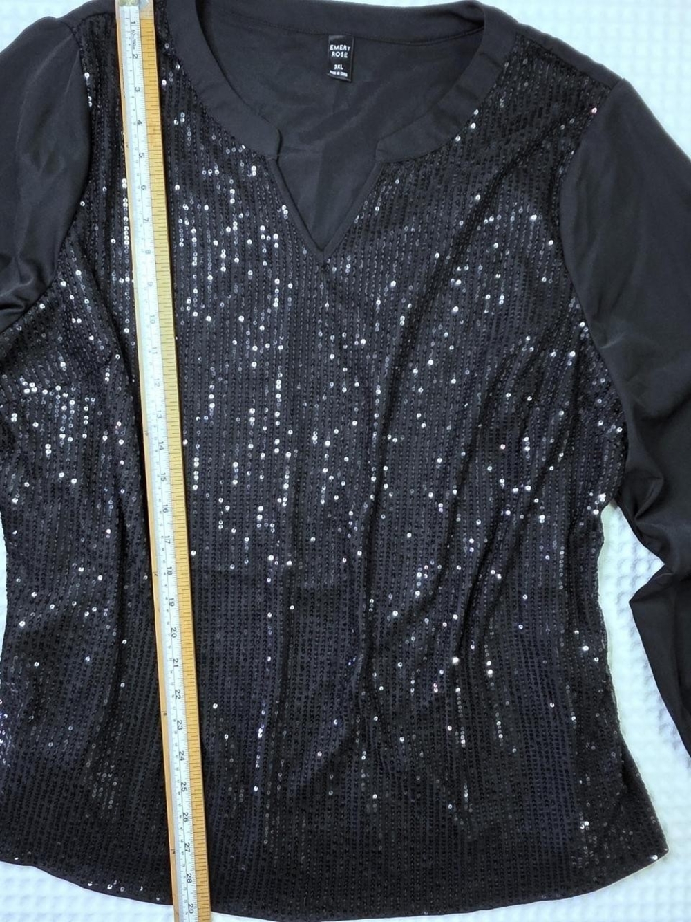 Emery Rose Black Sequin V-Neck Long-Sleeve Top-Size 3XL
